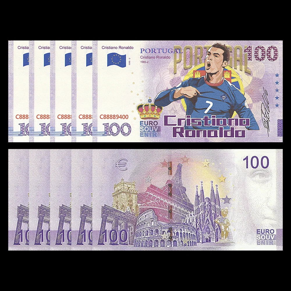 10pc Cristiano Ronaldo 100 Euro Commemorative Banknote with UV Serial Number Paper Money Collection Gift