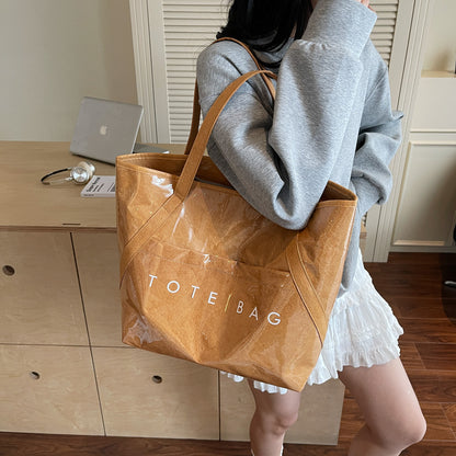 New Fashion Bag Large Capacity Handbag Simple Kraft Paper Shoulder Bag Waterproof Portable Shopping Bag