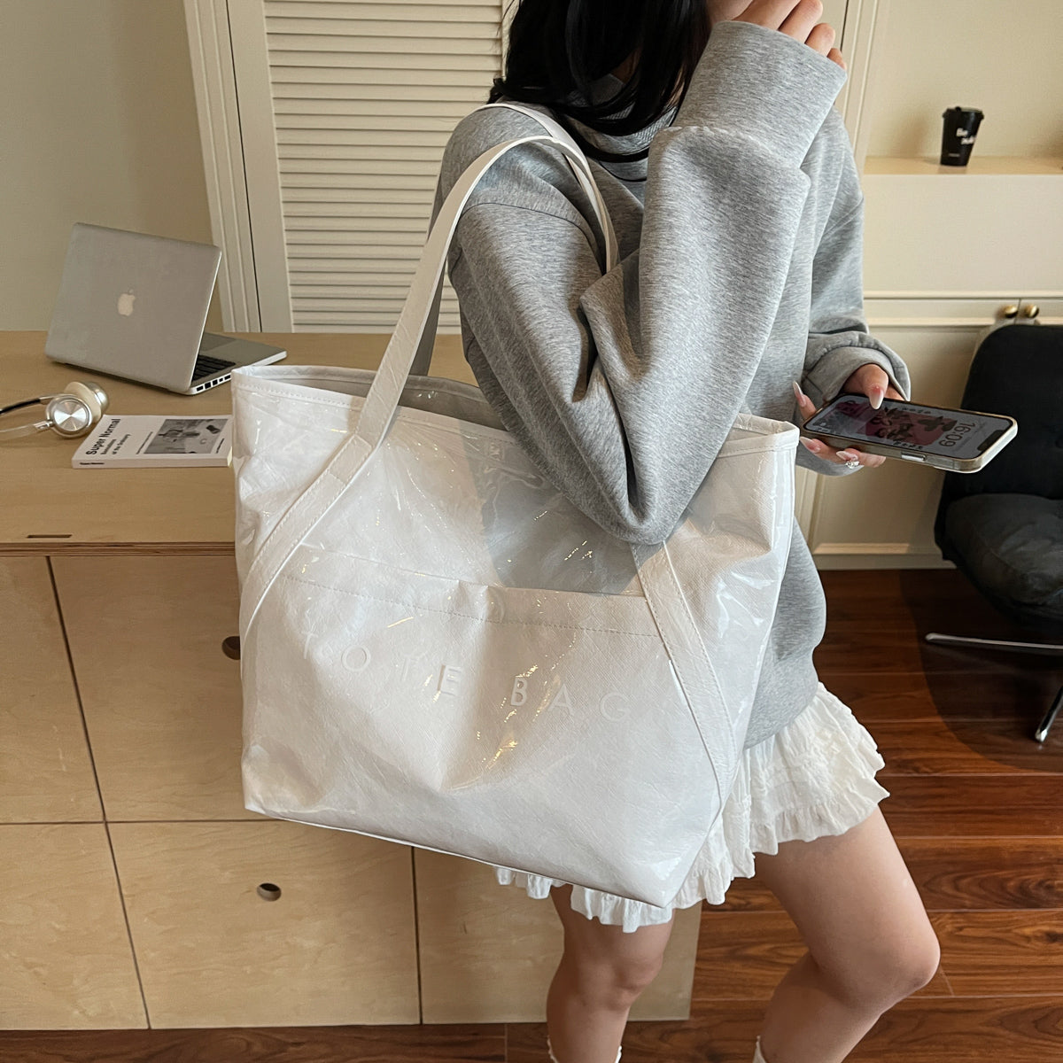 New Fashion Bag Large Capacity Handbag Simple Kraft Paper Shoulder Bag Waterproof Portable Shopping Bag