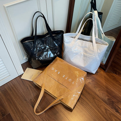 New Fashion Bag Large Capacity Handbag Simple Kraft Paper Shoulder Bag Waterproof Portable Shopping Bag