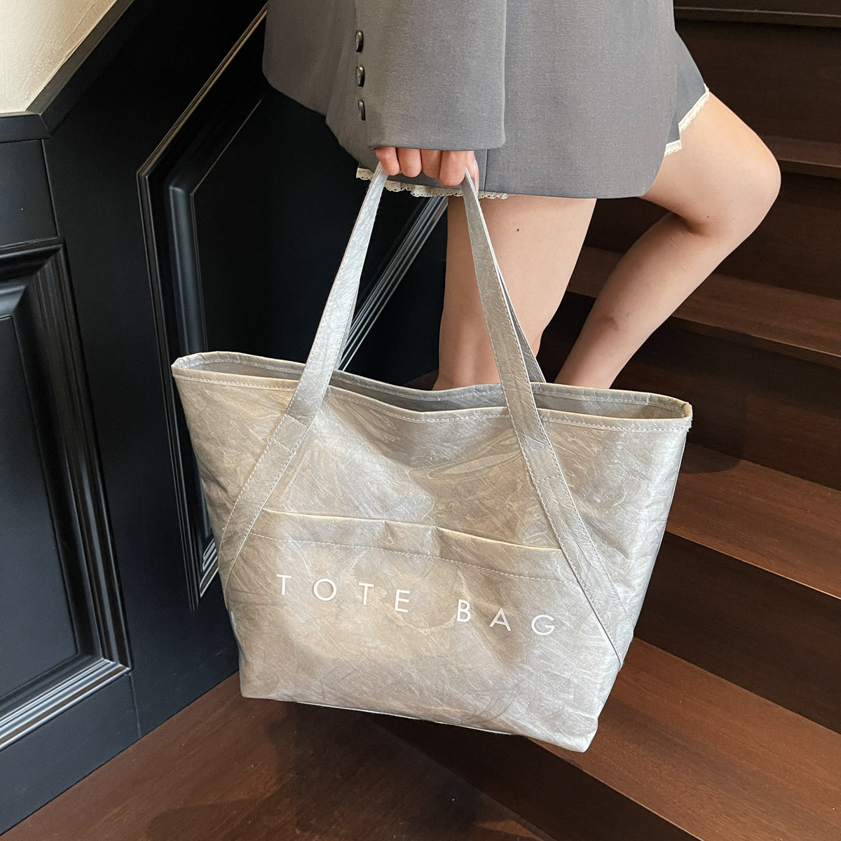 New Fashion Bag Large Capacity Handbag Simple Kraft Paper Shoulder Bag Waterproof Portable Shopping Bag