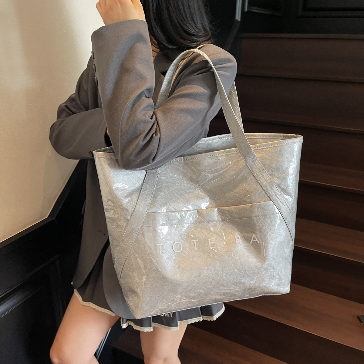 New Fashion Bag Large Capacity Handbag Simple Kraft Paper Shoulder Bag Waterproof Portable Shopping Bag