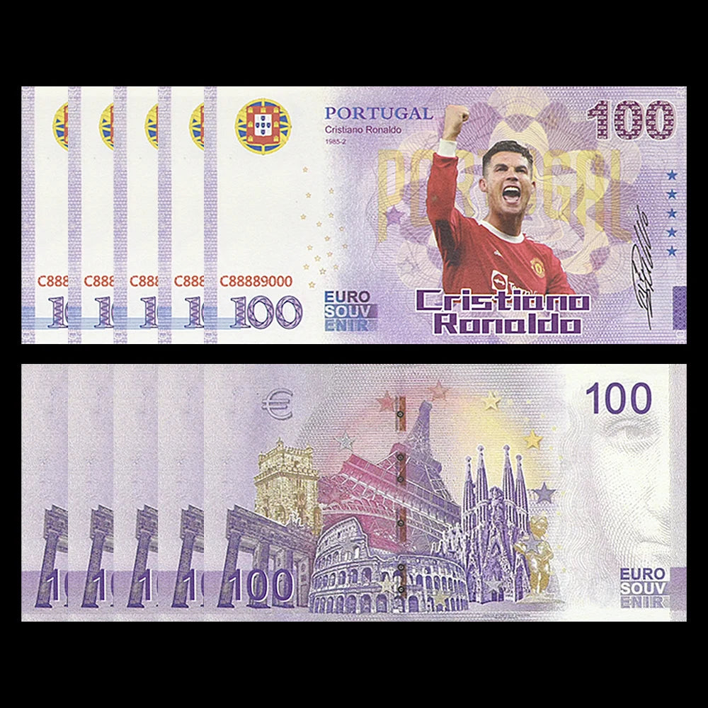 10pc Cristiano Ronaldo 100 Euro Commemorative Banknote with UV Serial Number Paper Money Collection Gift