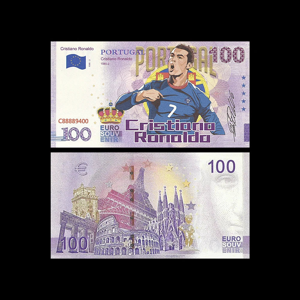 10pc Cristiano Ronaldo 100 Euro Commemorative Banknote with UV Serial Number Paper Money Collection Gift