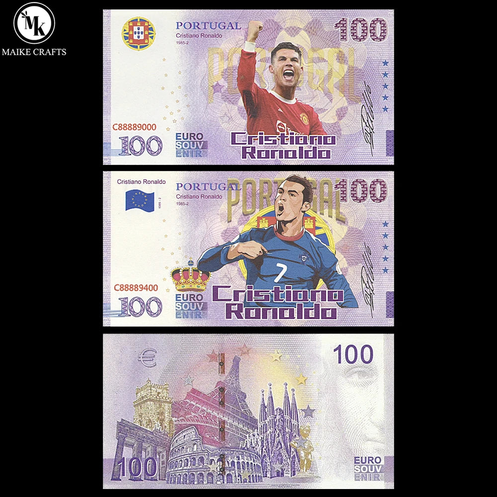 10pc Cristiano Ronaldo 100 Euro Commemorative Banknote with UV Serial Number Paper Money Collection Gift