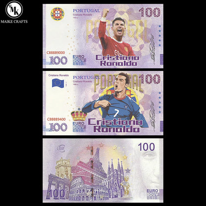 10pc Cristiano Ronaldo 100 Euro Commemorative Banknote with UV Serial Number Paper Money Collection Gift