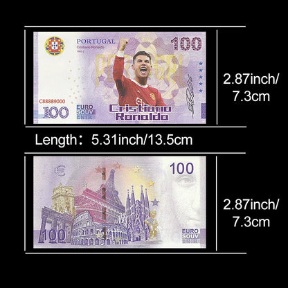 10pc Cristiano Ronaldo 100 Euro Commemorative Banknote with UV Serial Number Paper Money Collection Gift