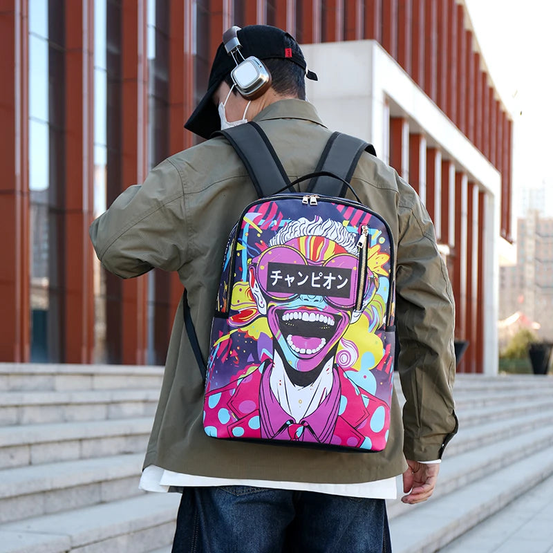 Fashion men's and women's PU graffiti large capacity backpack student backpack travel bag mochila mochilas de hombre school bag