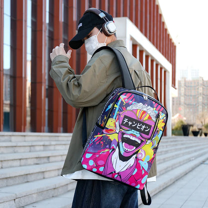 Fashion men's and women's PU graffiti large capacity backpack student backpack travel bag mochila mochilas de hombre school bag